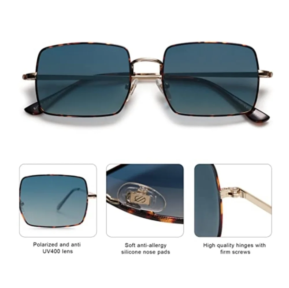 New Rectangle Polygon Blue Polarized Sunglasses for Women Men Retro Classic - Picture 4 of 5